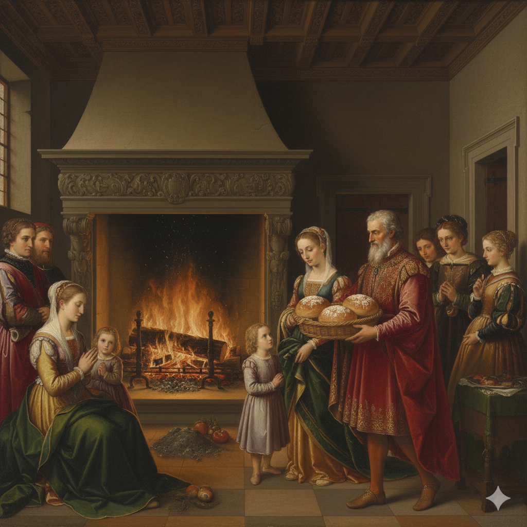 Ritual do Tronco, uma tradição natalina nascida no século XIII, na qual três pães grandes eram colocados sobre um tronco na lareira. Dois eram distribuídos pelo chefe da família, enquanto o terceiro era guardado para o ano seguinte, simbolizando continuidade e prosperidade. É dessa tradição que provavelmente surgiu o nome panetone — o pão grande.