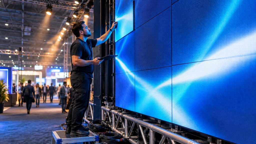 Operador técnico ajustando painel de LED durante a realização do evento.