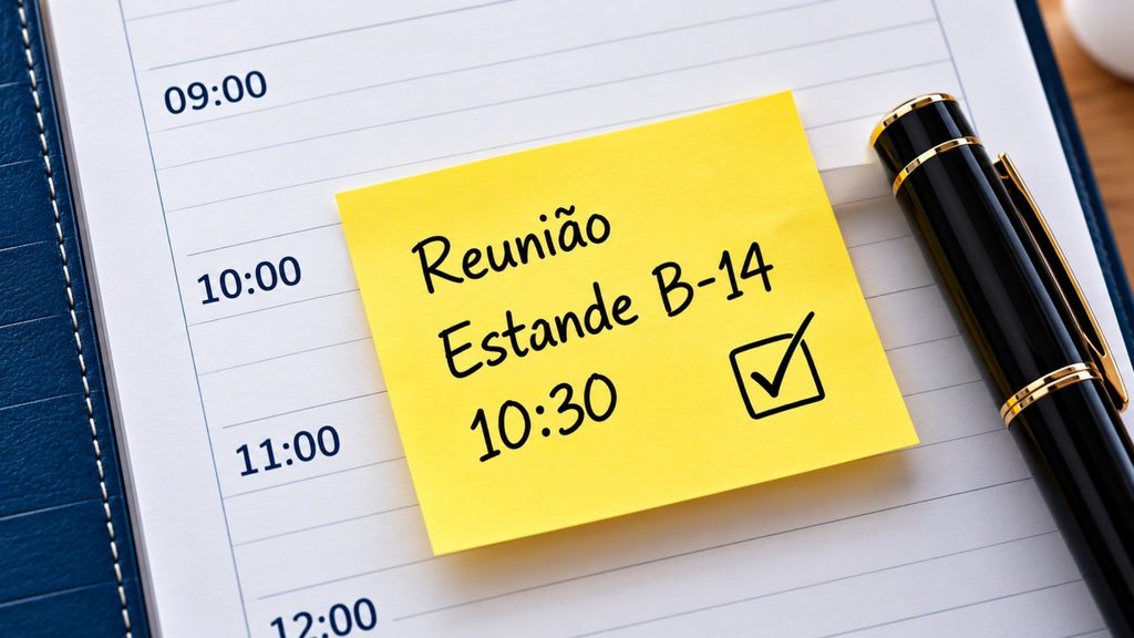 Agende antecipadamente as reuniões realmente importantes, para nao depender da sorte caso haja alguma empresa ou profissional com quem você tenha interesse em conversar.