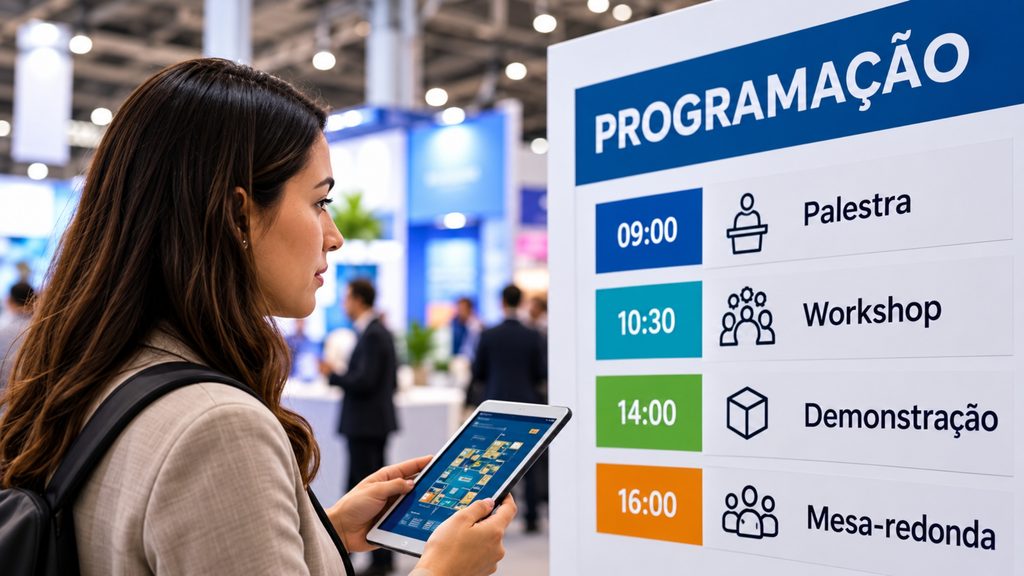 Fique atento! Além de apenas estandes, muitas feiras possuem congressos, palestras, workshops, demonstrações técnicas, rodadas de negócios, visitas técnicas, lançamentos e encontros promovidos por associações ou empresas podem oferecer informações e contatos tão interessantes quanto aqueles encontrados nos estandes.