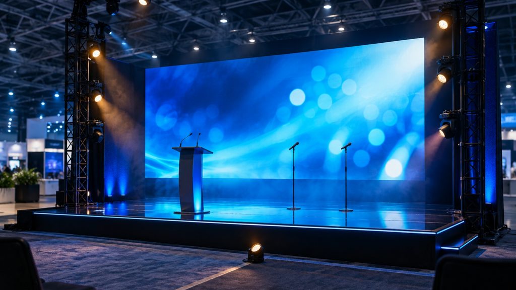 Palco montado em feira com treliça, iluminação cênica e telão de LED ao fundo.
