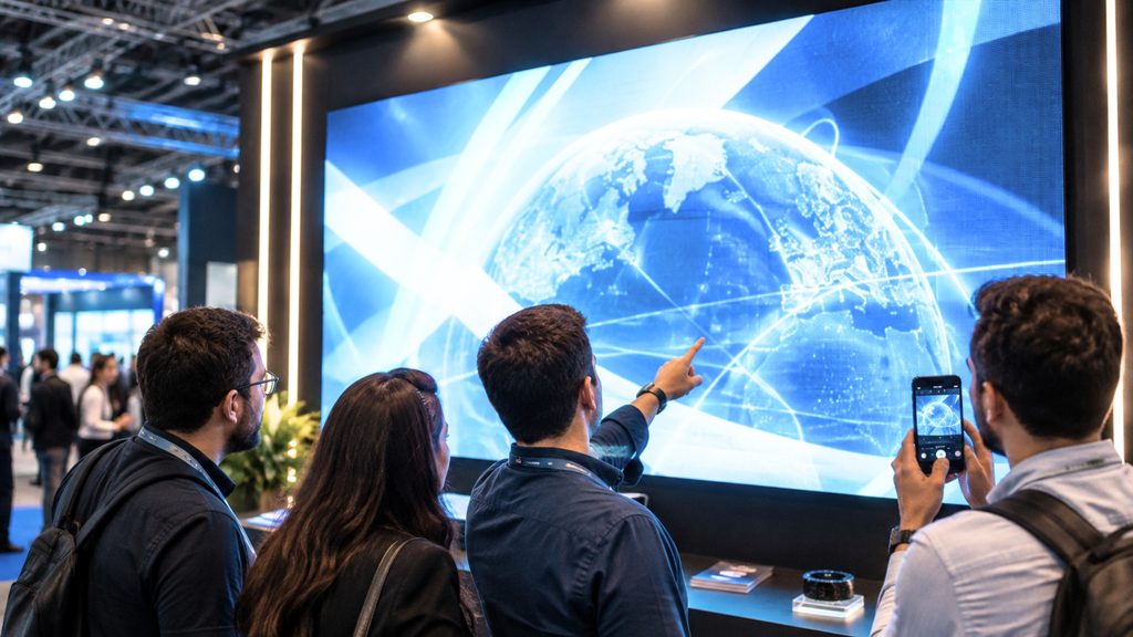 Painel de LED em estande exibindo vídeo institucional, com público próximo em primeiro plano.